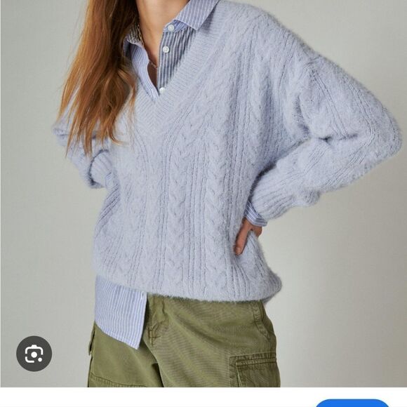 Lucky Brand V-Neck Relaxed Fit Eyelash Sweater softer-than-soft sz S blue cable - Picture 8 of 11